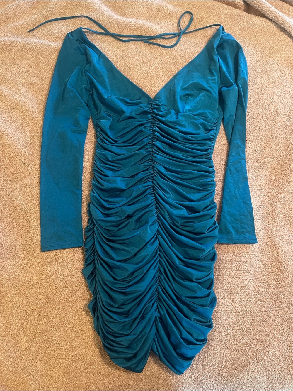 Teal Ruched Long-Sleeve V-Neck Dress